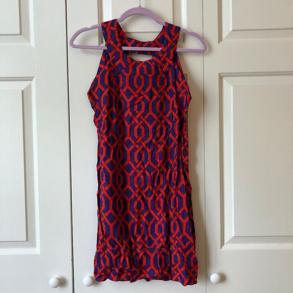 Geometric purple and red mini dress with keyhole back